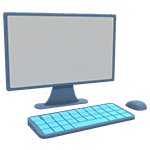 A computer monitor, keyboard, and mouse symbolizes that Deltapath offers video conference calls.