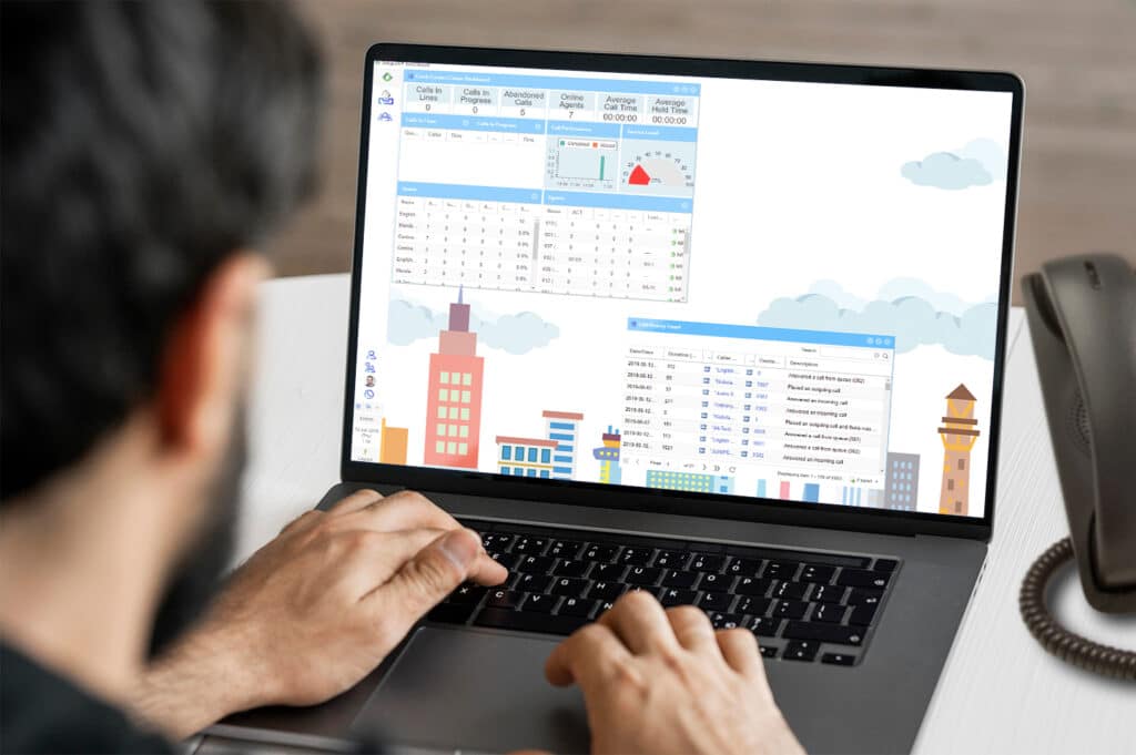 A male navigating Deltapath's UC switchboard on his laptop. Part of Avaya support includes a new Deltapath UC platform.