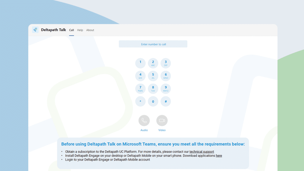 The dial pad screen of Deltapath Talk, a voice for Teams integration, is displayed.