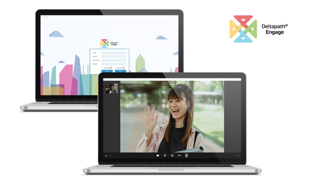 Deltapath Engage IP Phone is shown on two laptops: a Softphone for Windows and a Softphone for Mac.