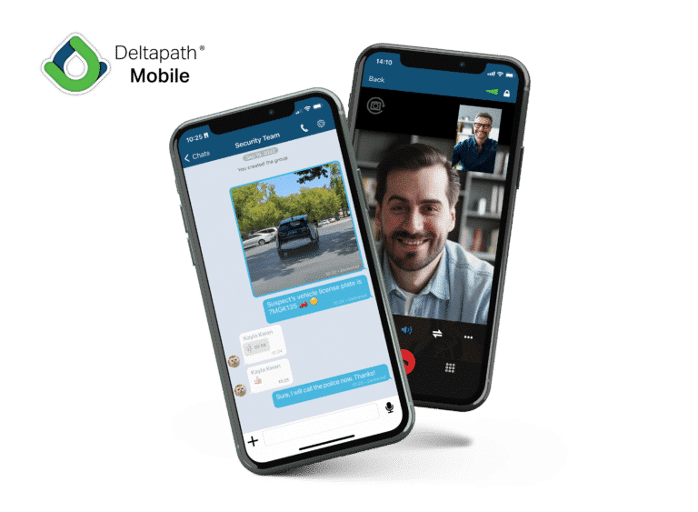 Two smartphones running Deltapath Mobile: one showing a live video call, the other displaying enterprise instant messaging.