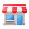 Grey building with a red and white awning and a blue window and door represent retail stores.